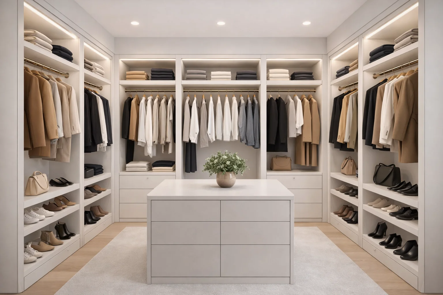 White walk-in wardrobe with white, beige, camel, black, and grey clothing in a clean minimal arrangement