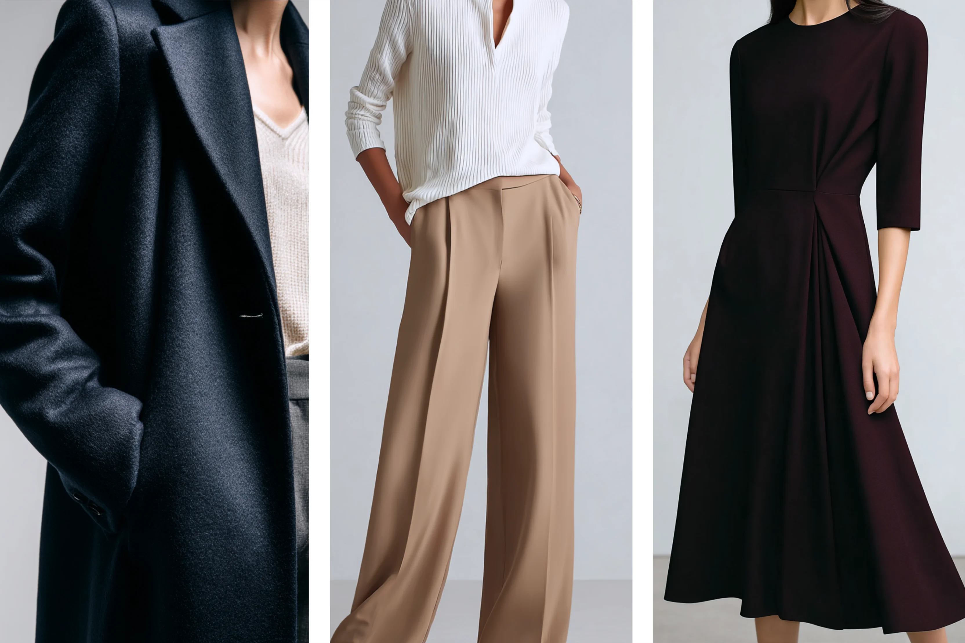 Triptych of a navy straight coat, tan wide trousers, and a burgundy restrained A-line dress.